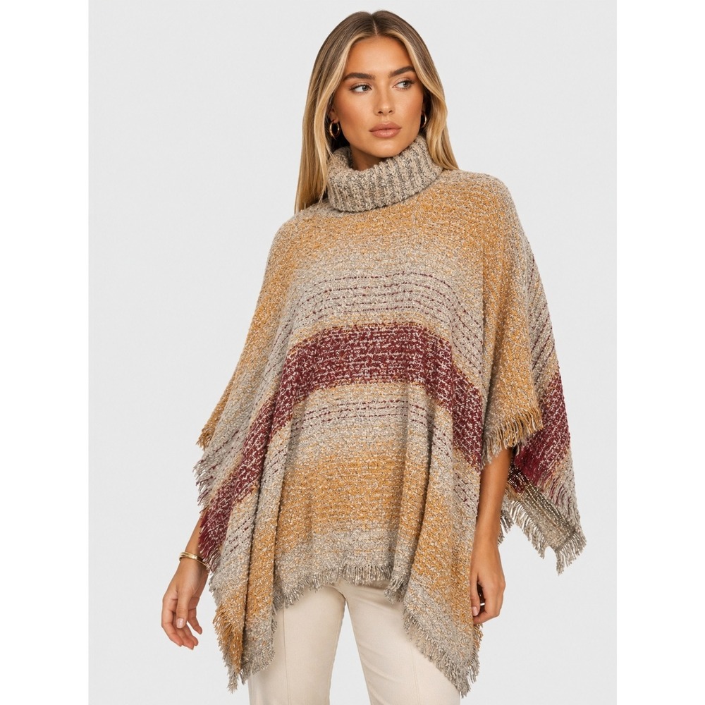 Vince Camuto Striped Turtleneck Poncho Sweater Beige Orange Burgundy NWT New